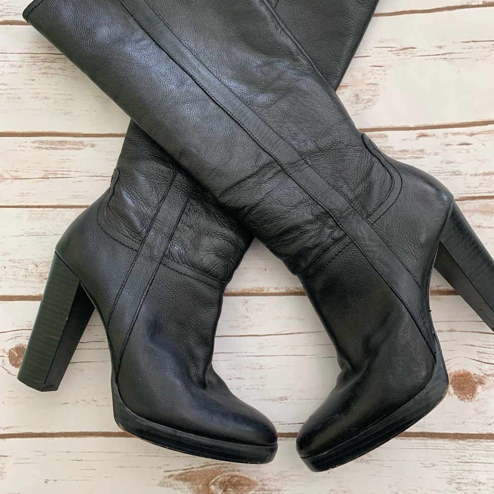 INC Arla knee high black leather heeled boot